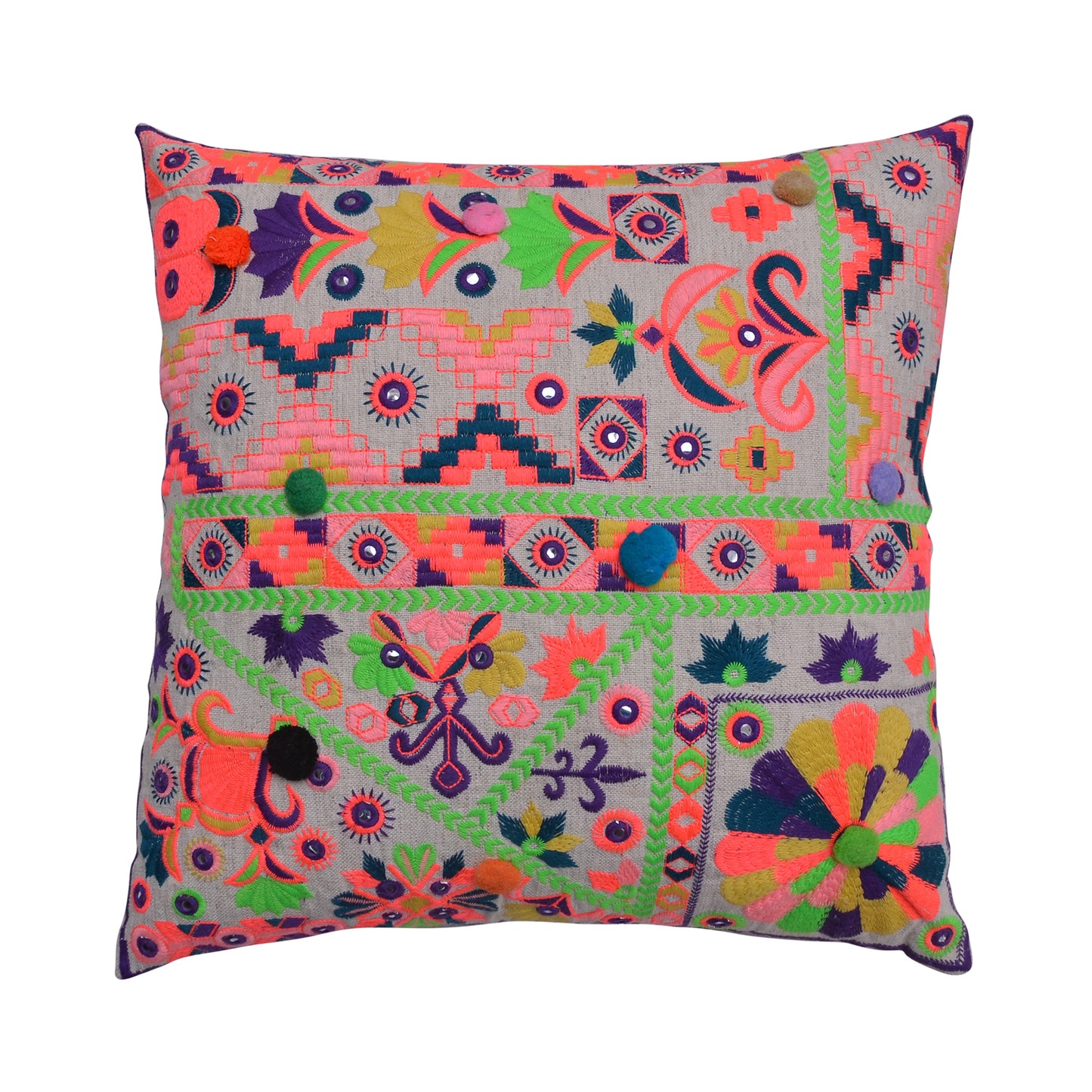 Boho Neon Tribal Embroidered Cushion Cover