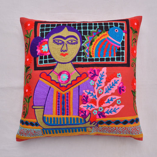 Frida-Inspired Folk Art Embroidered cushion