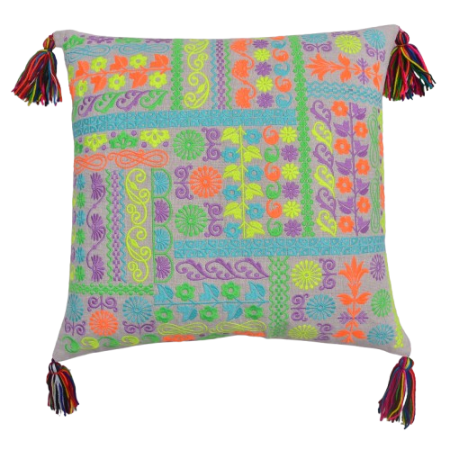 Neon Garden Embroidered Cushion Cover with Tassels