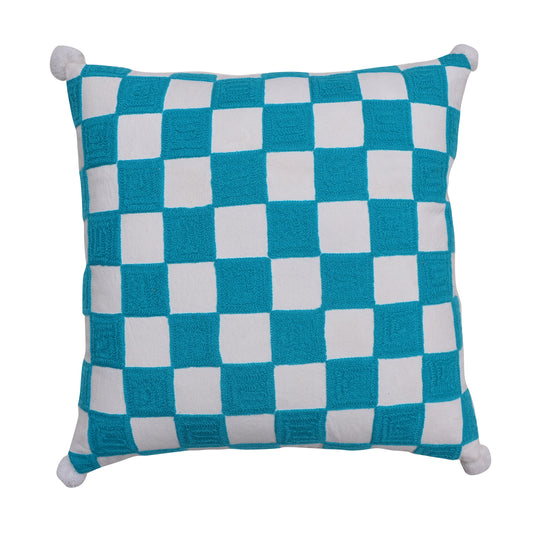 Aqua Checkered Hand-Embroidered Cushion Cover