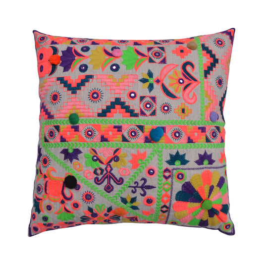 Boho Neon Tribal Embroidered Cushion Cover