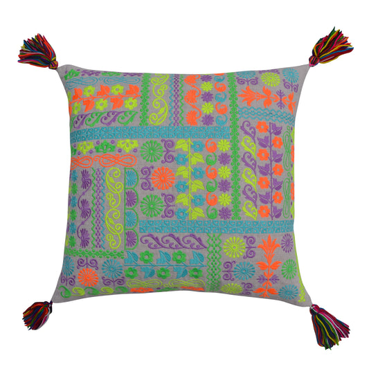 Neon Garden Embroidered Cushion Cover with Tassels
