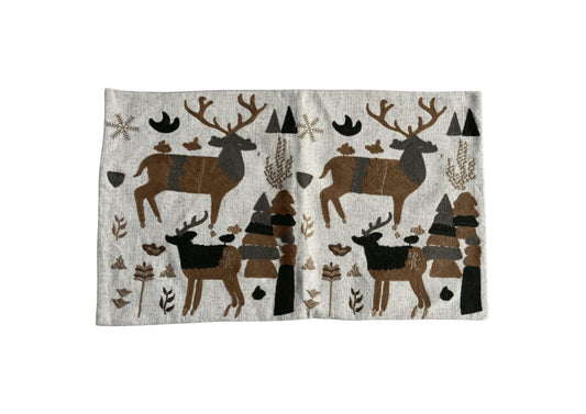 Rustic Reindeer Handmade Pillow Cover – Winter Woodland Embroidery in Earth Tones"